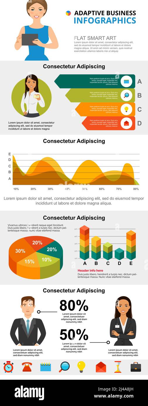Set di grafici infografici del concetto di marketing e analisi. Area aziendale e grafici a torta per i modelli di presentazione. Può essere utilizzato per il report finanziario Illustrazione Vettoriale