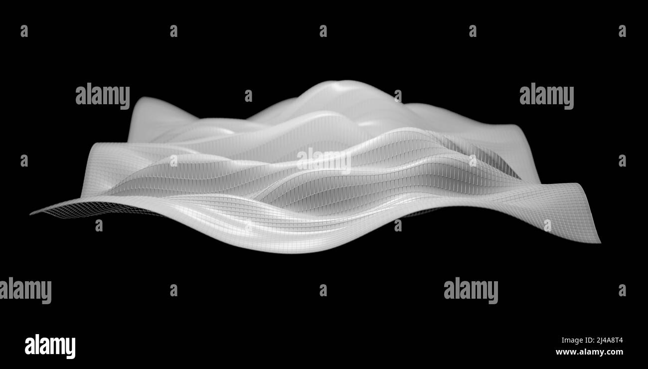 Oggetto a reticolo bianco mobile e visualizzazione astratta delle onde sonore con messa a fuoco selettiva Foto Stock