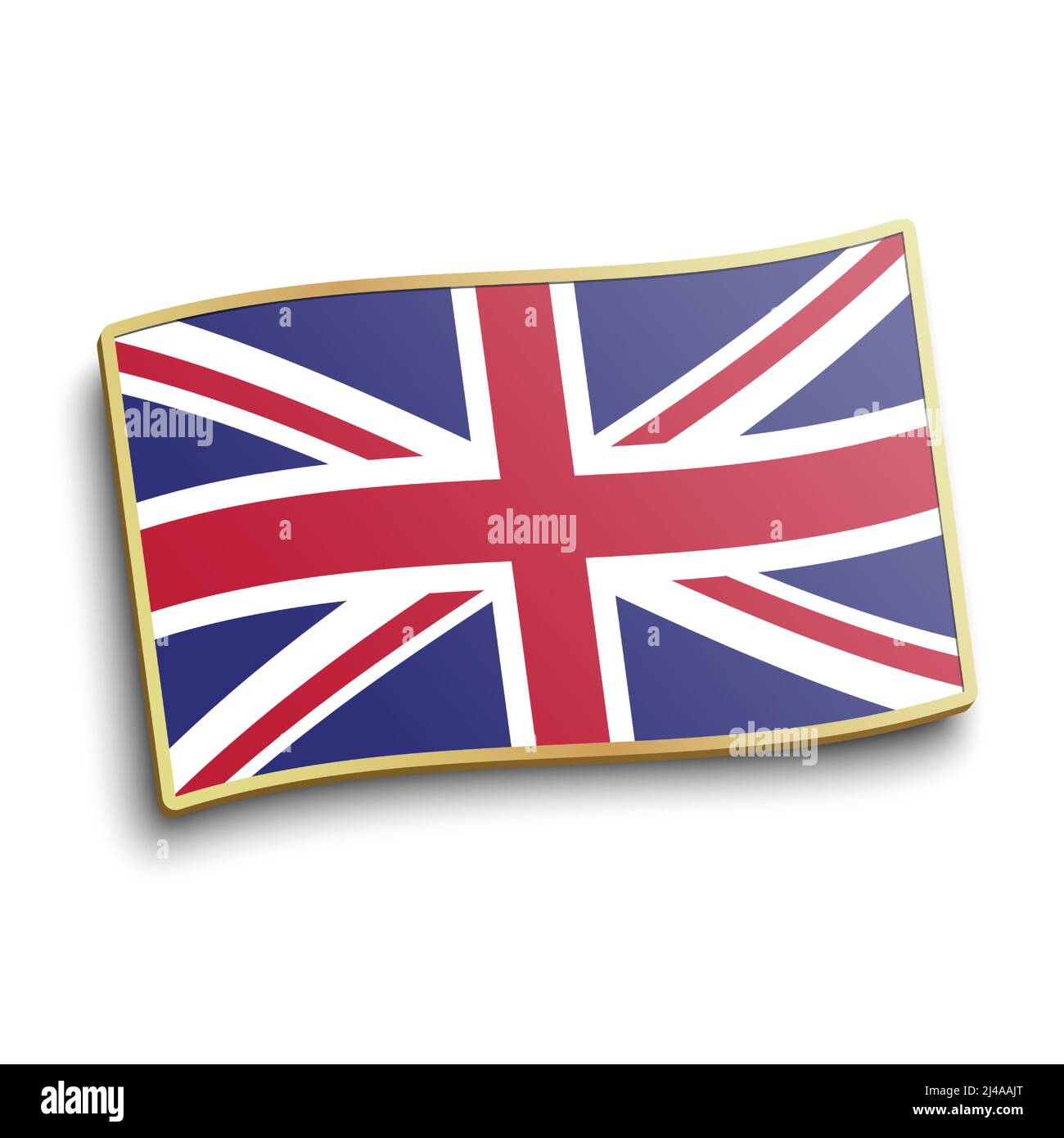 UK flag Golden lapel pin isolato su sfondo bianco. Illustrazione vettoriale del badge della bandiera della Gran Bretagna. Illustrazione Vettoriale