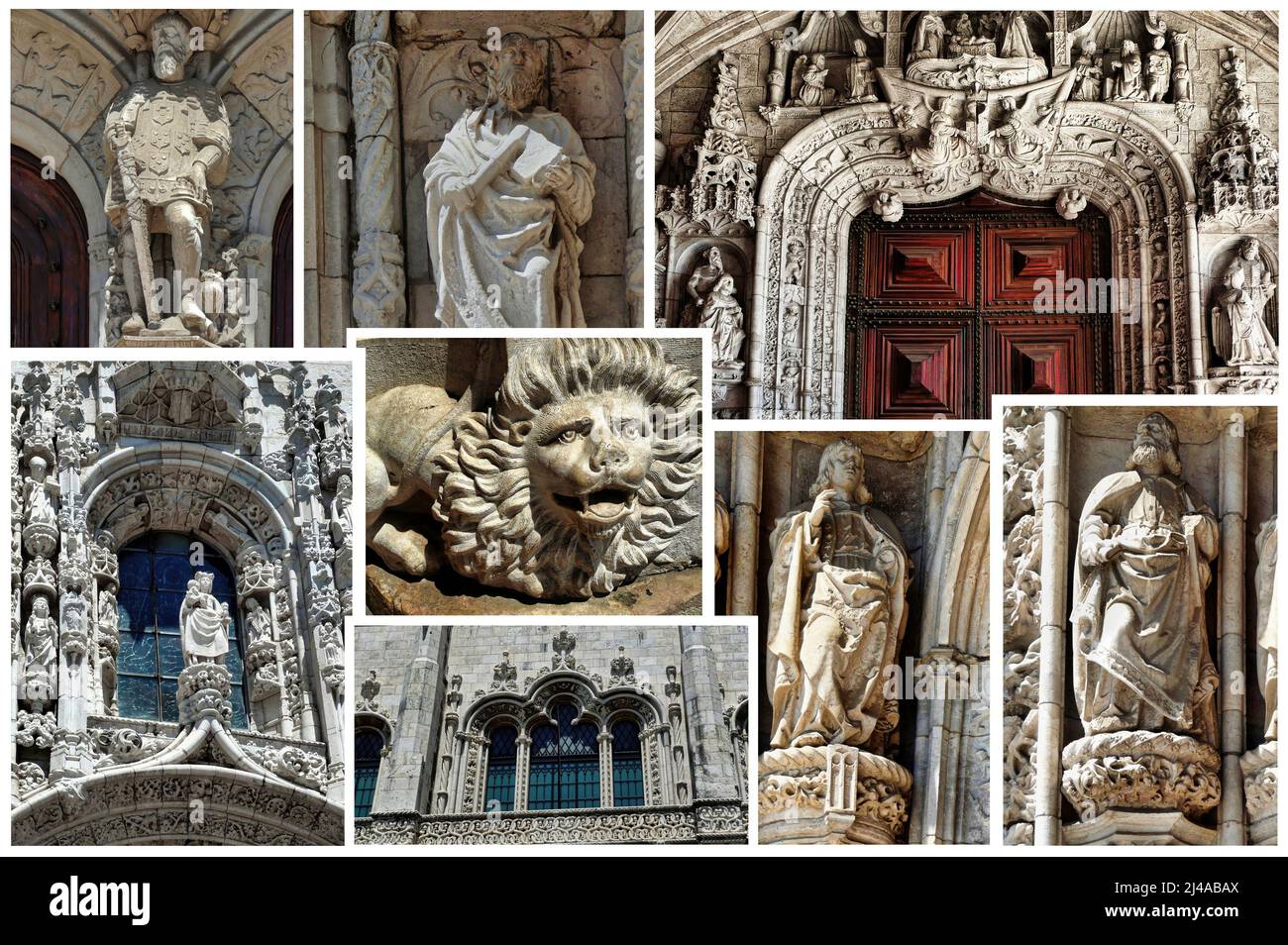 Alcuni dettagli architettonici del monastero di Jerónimos sono uno degli esempi più importanti dello stile architettonico manuelino portoghese di Lisbona. Foto Stock