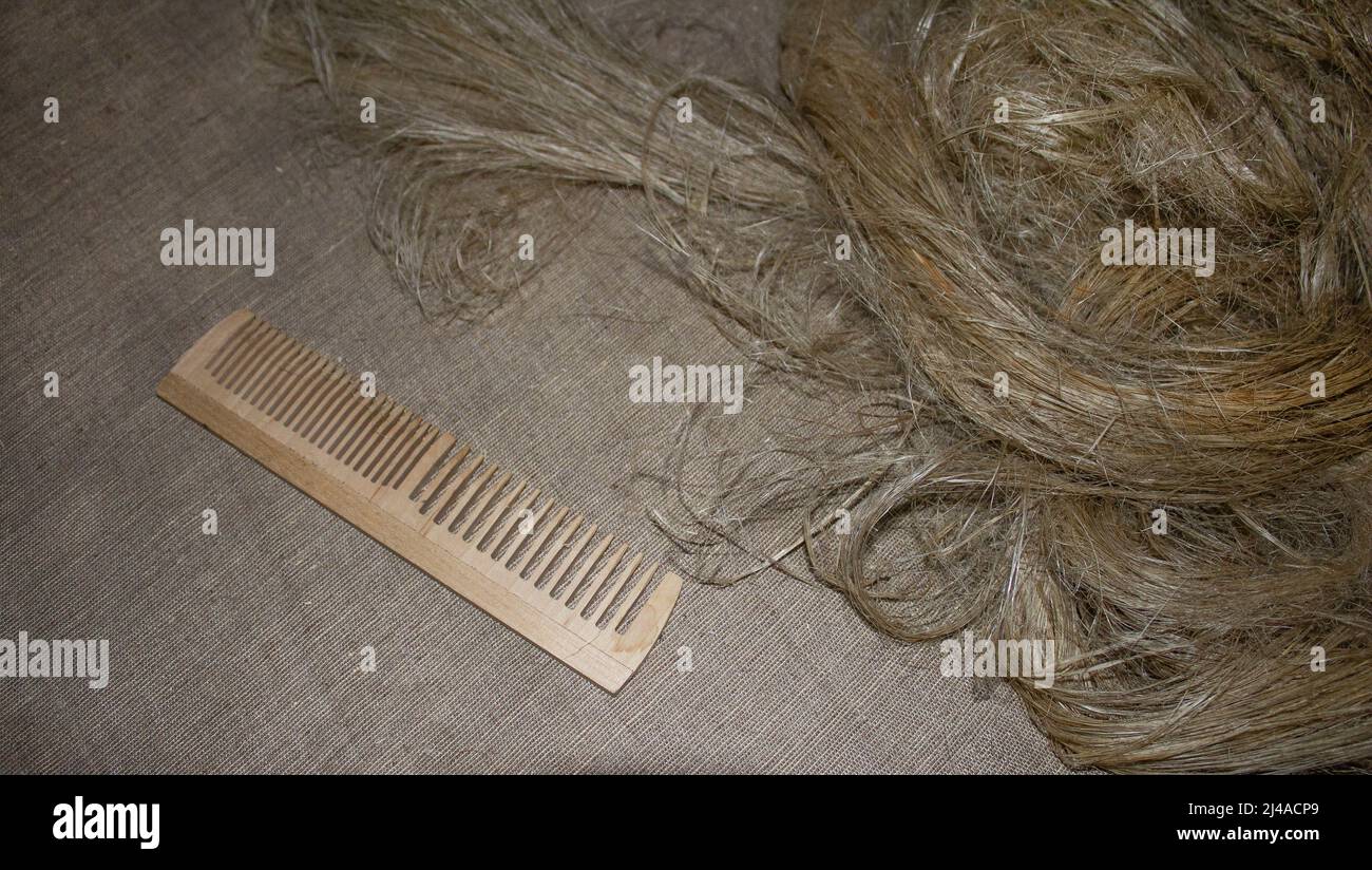 Fibre di lino su sfondo di tessuto di lino. Pettine in legno per pettinare il lino. La coltivazione, la pettinatura e la filatura del lino in casa è un vecchio lavoro di lavorazione. Pianta. Foto Stock