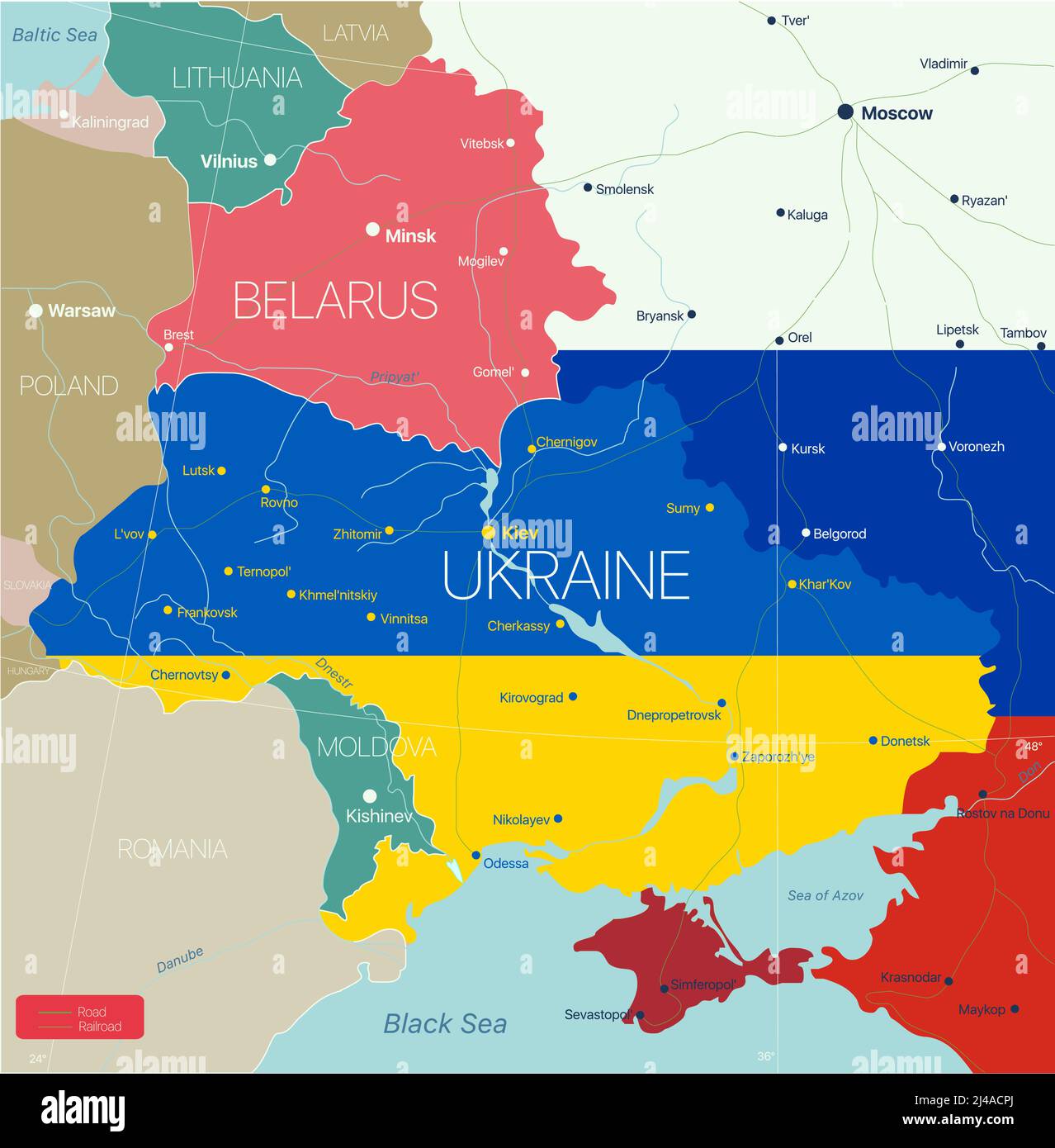 Bielorussia e Ucraina e parte dei paesi della Russia Mappa modificabile dettagliata con regioni città e città, siti geografici. Illustrazione Vettoriale