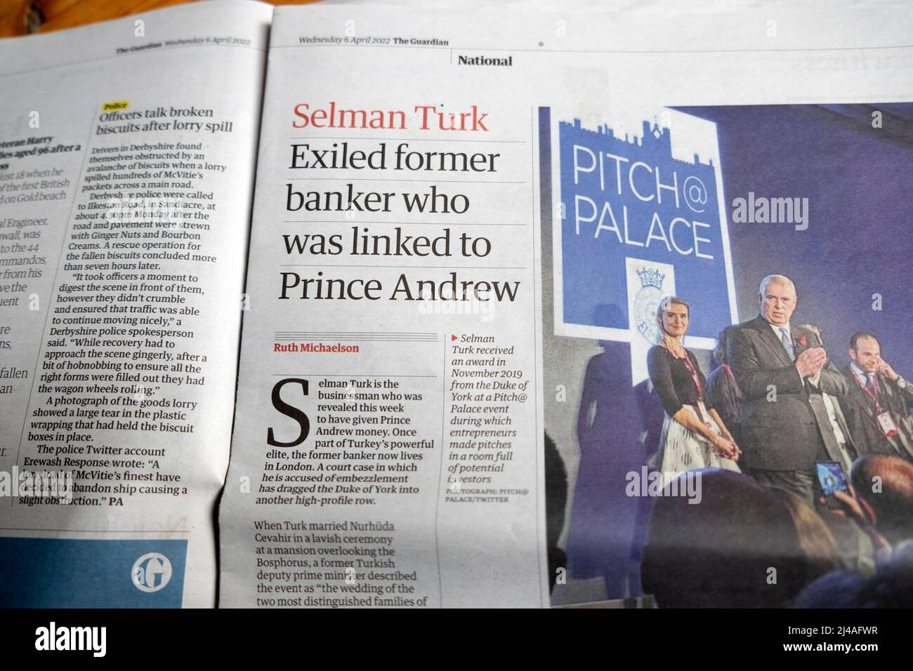 'elman Turk esiliò ex banchiere che era legato al titolo del quotidiano del Principe Andrew' Guardian Clipping Pitch@Palace London UK 5 Aprile 2022 Foto Stock