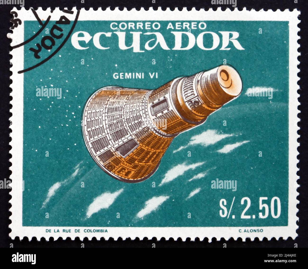 ECUADOR - CIRCA 1966: Un francobollo stampato in Ecuador mostra Gemini 6, presidiato Spaceflight, circa 1966 Foto Stock