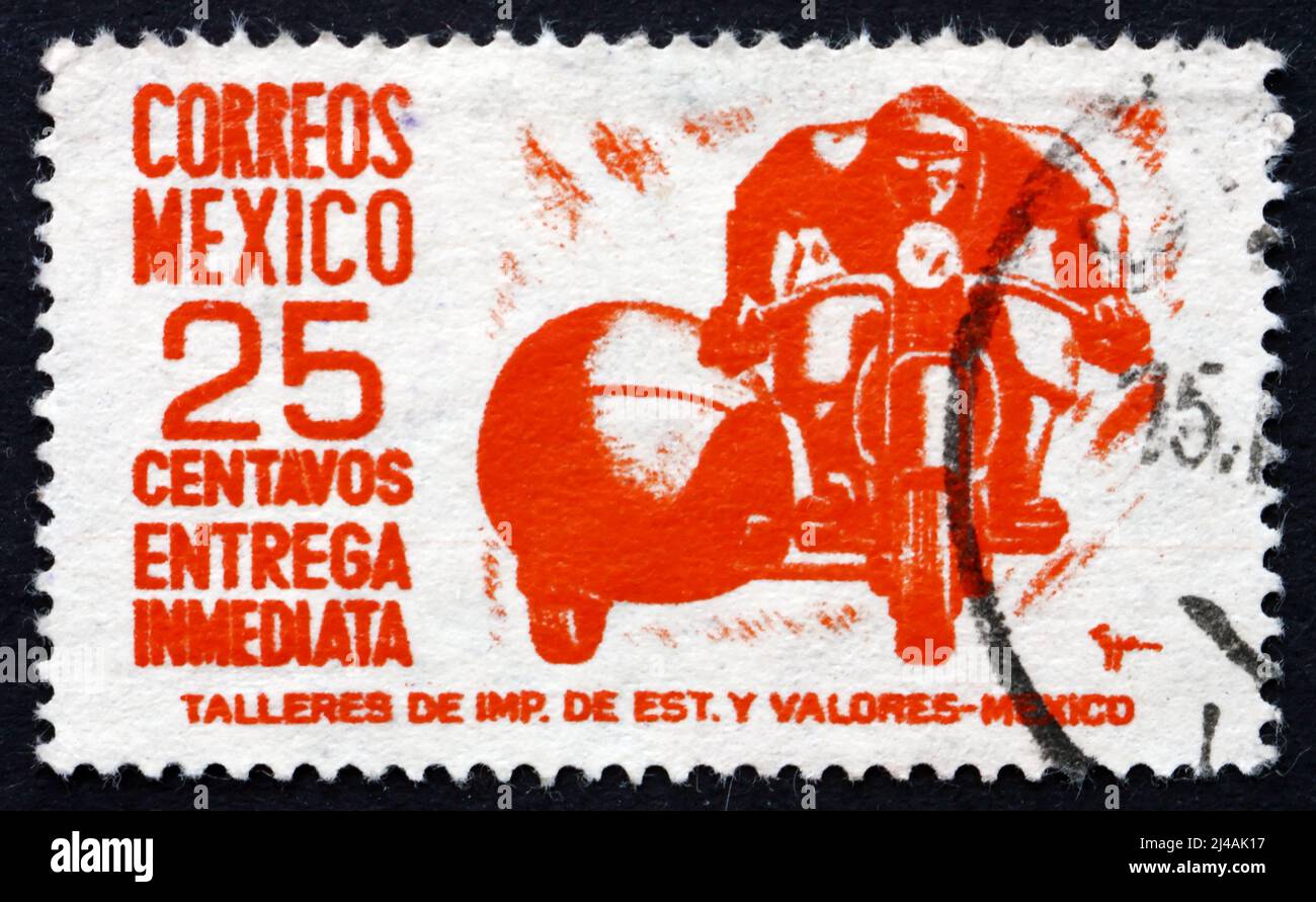 MESSICO - CIRCA 1950: Un francobollo stampato in Messico mostra Moto, Special Delivery Messenger, circa 1950 Foto Stock