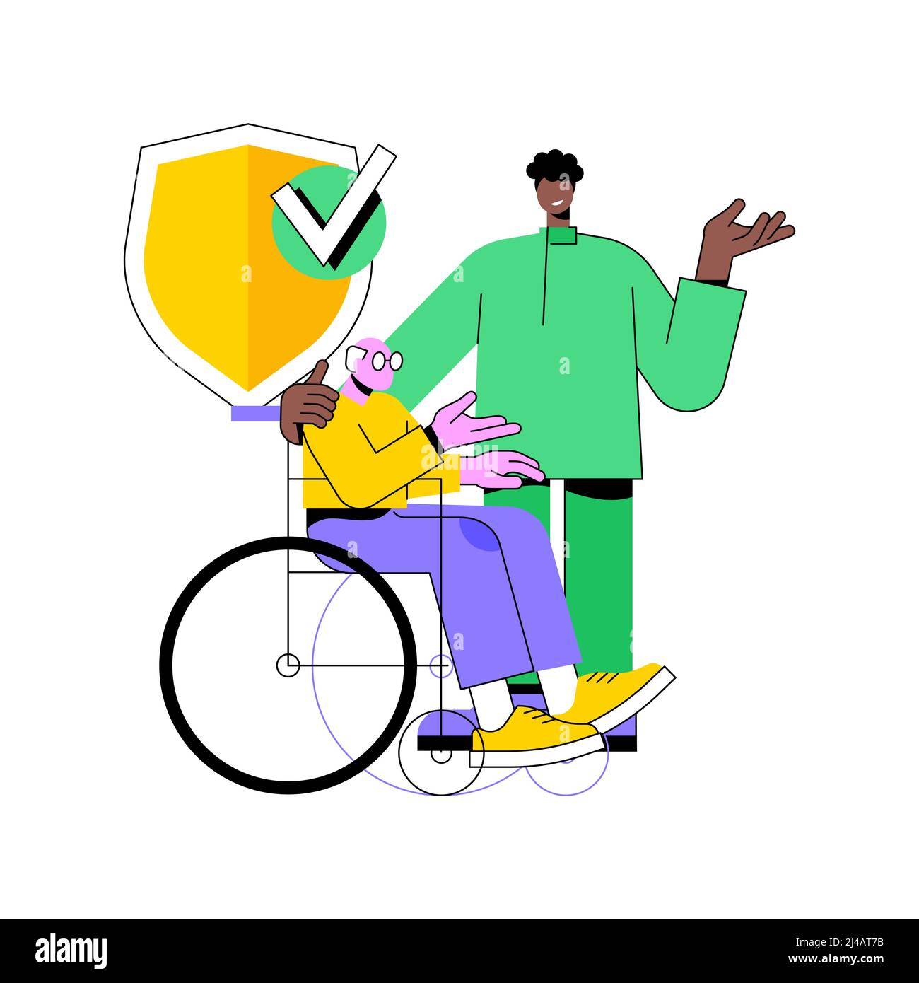 Illustrazione vettoriale del concetto astratto del beneficio non contributivo. Indennità di presenza statale, assistenza regolare, persona con disabilità, infermiera domestica, pagamento per anziani, metafora astratta a basso reddito. Illustrazione Vettoriale