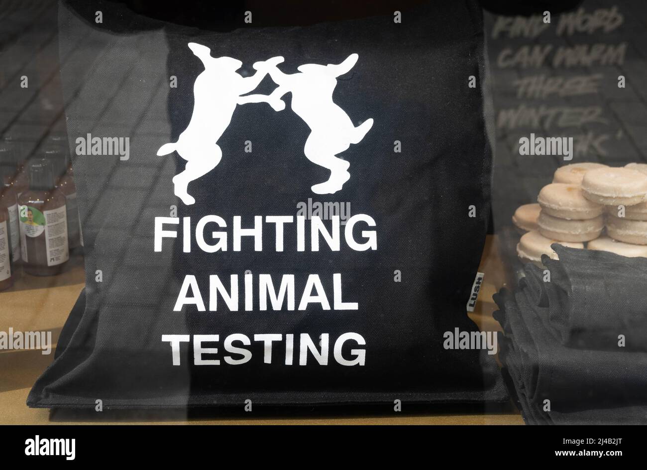 Segno anti-animali test nella finestra di un negozio di cosmetici Foto Stock