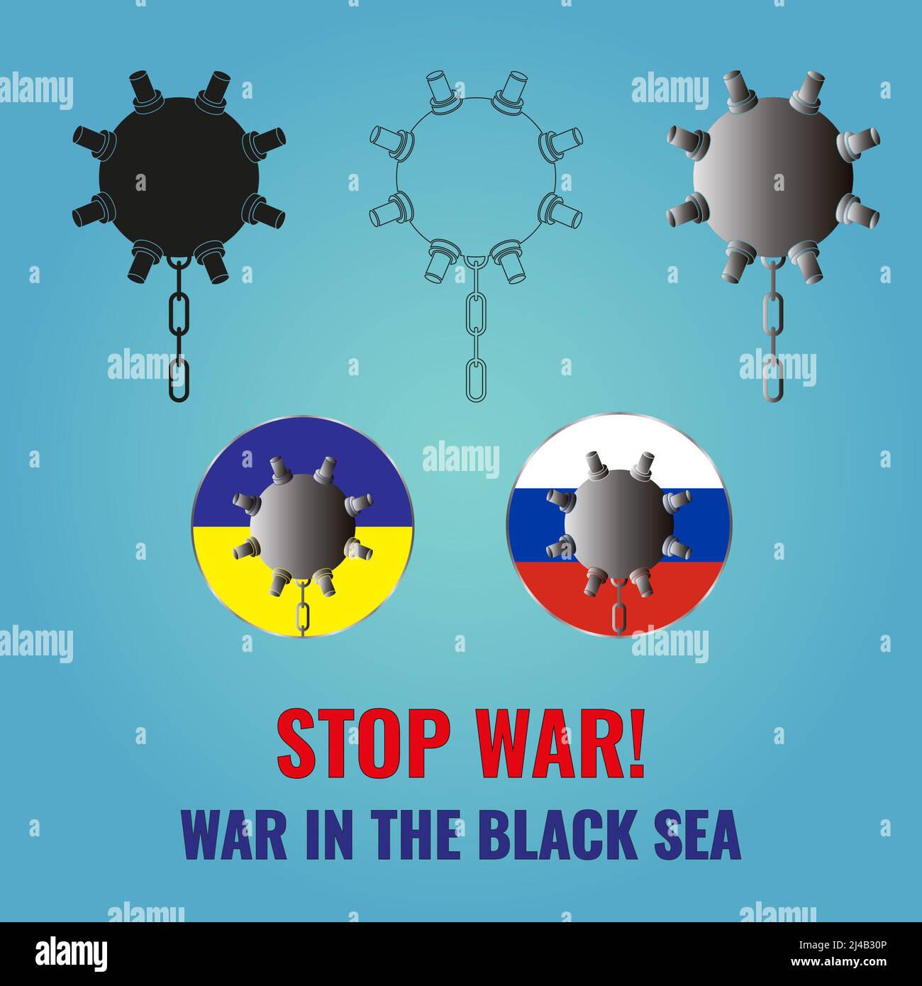 Set di mine marine. Due mine sulla bandiera di Russia e Ucraina. Lettere Stop war! Guerra nel Mar Nero. Illustrazione Foto Stock