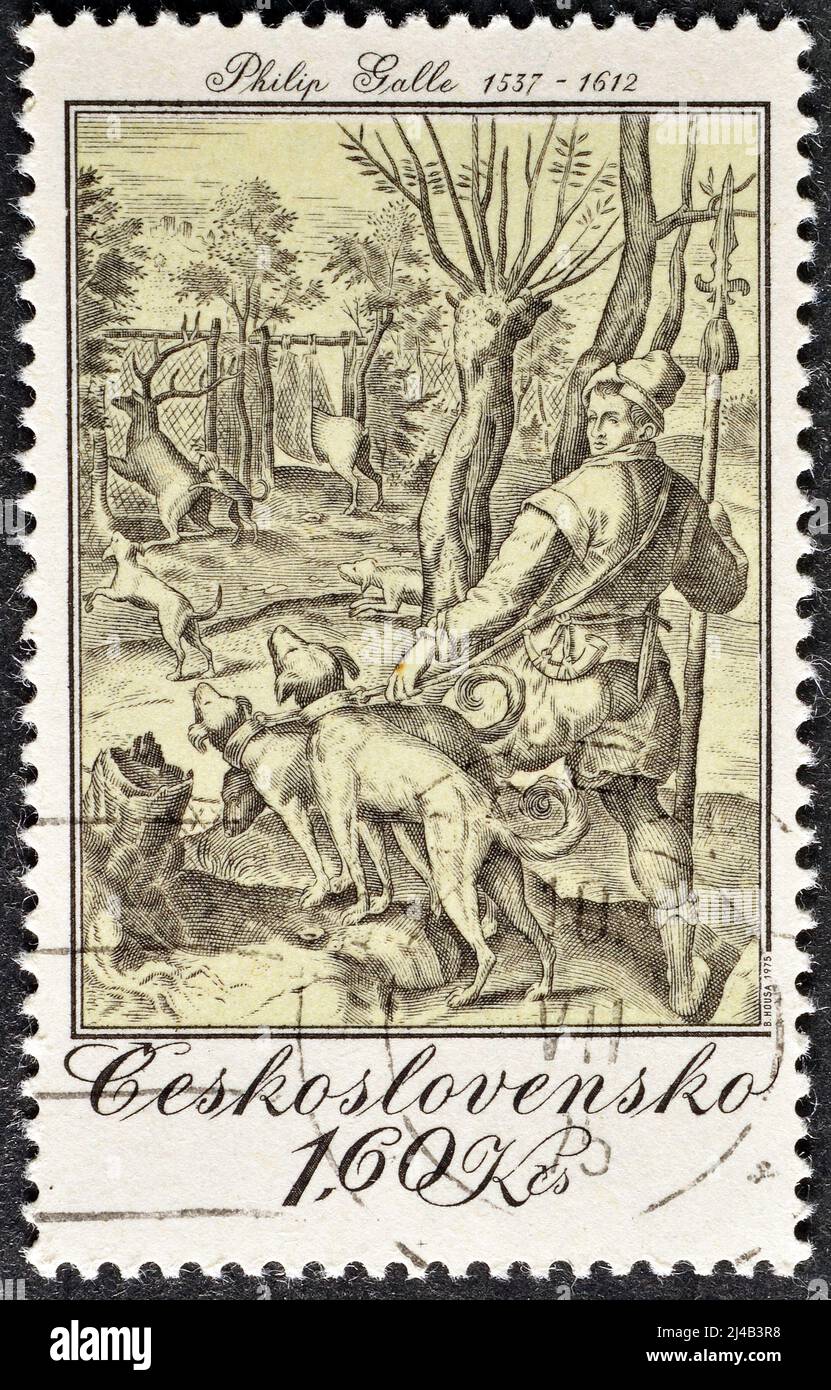 Francobollo cancellato stampato dalla Cecoslovacchia, che mostra il tema Caccia - Caccia al cervo, di Philip Galle (1578), circa 1975. Foto Stock