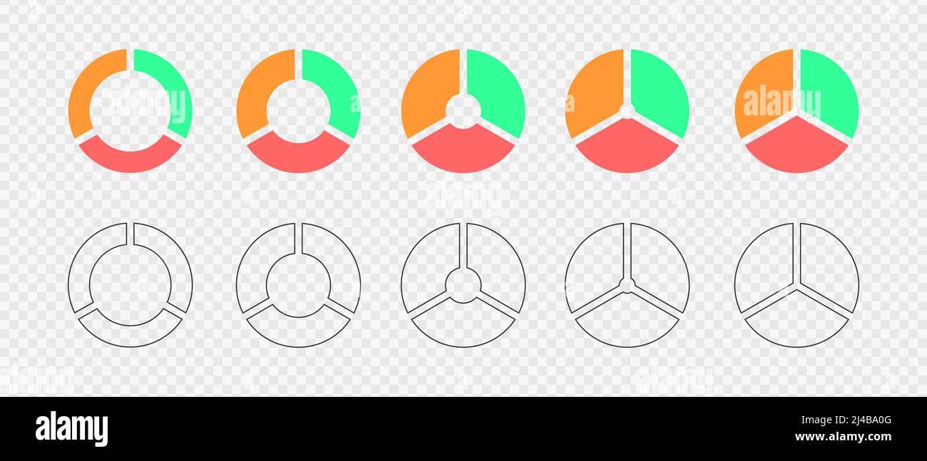 Carte di ciambella divise in 3 segmenti multicolore e di contorno. Set di ruote infografiche. Diagrammi circolari segmentati su tre parti uguali. Disegno vettoriale piatto e grafico. Illustrazione Vettoriale