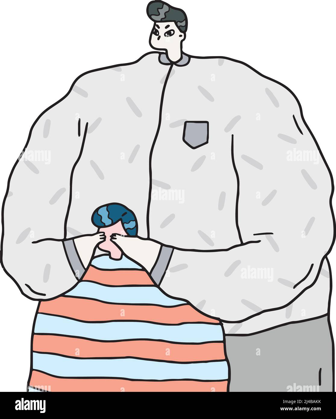 Illustrazione vettoriale disegnata a mano dell'uomo che chiude gli occhi dei bambini con le mani. Illustrazione Vettoriale