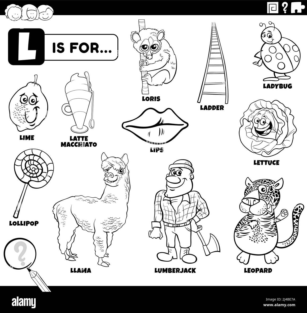 Illustrazione di cartoni animati didattici in bianco e nero per bambini con caratteri fumetti e oggetti impostati per la pagina di libro da colorare lettera L. Illustrazione Vettoriale