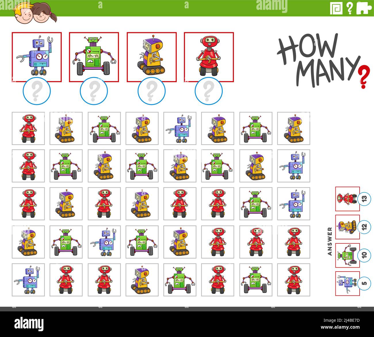 Illustrazione di un gioco di conteggio educativo per bambini con personaggi robot cartoni animati Illustrazione Vettoriale