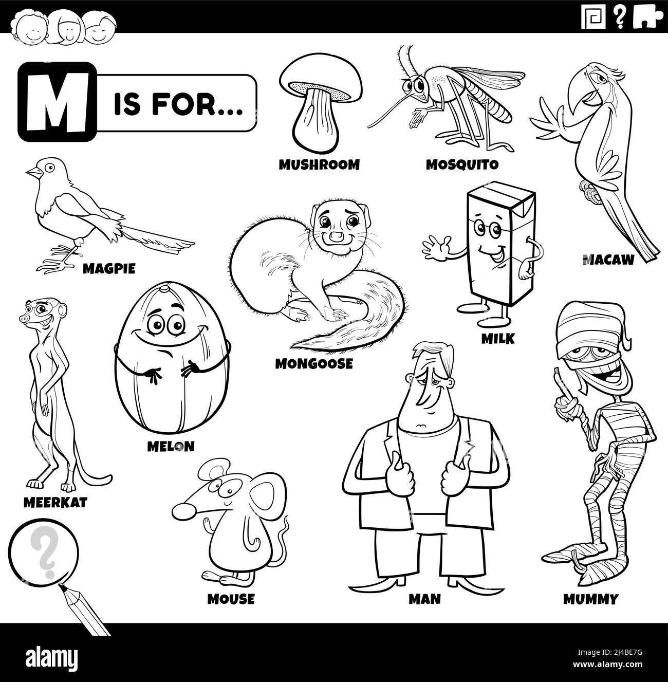 Illustrazione di cartoni animati didattici in bianco e nero per bambini con caratteri fumetti e oggetti impostati per la pagina di libro da colorare lettera M. Illustrazione Vettoriale