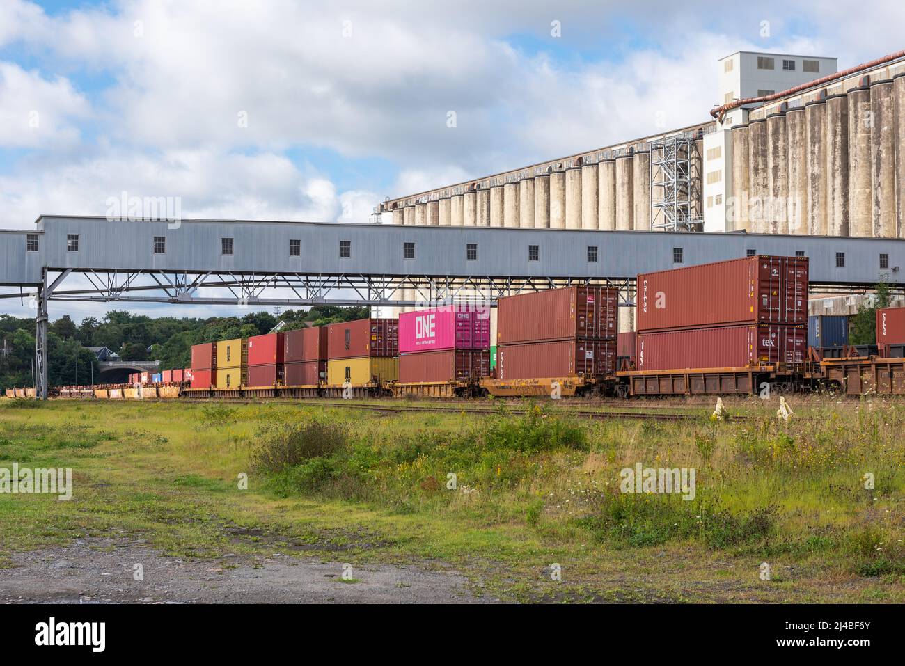 Halifax, Nova-Scotia, Canada – 4 settembre 2021: Ascensore Grain e treno container nel porto di Halifax. Foto Stock