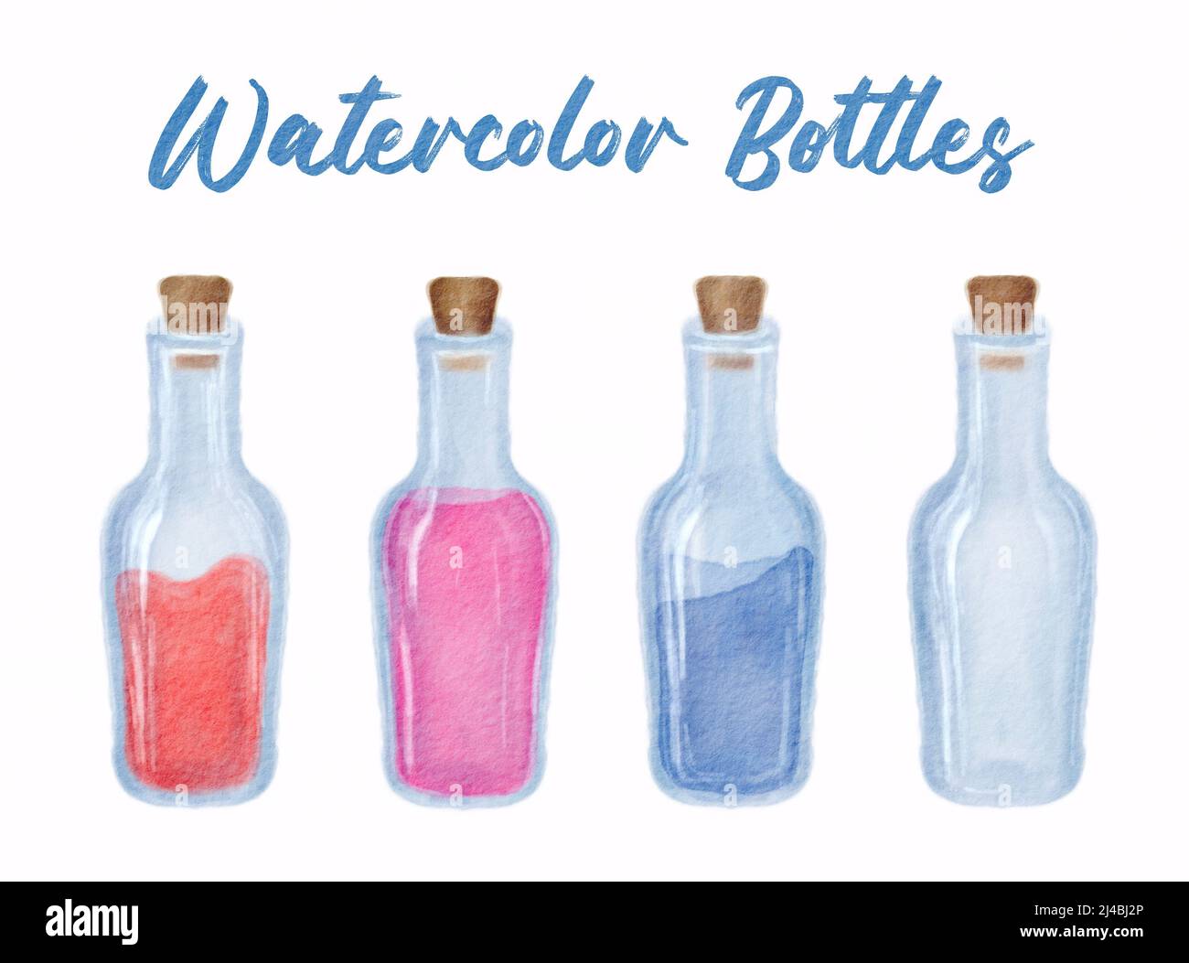 Set di bottiglie di acquerello disegnate a mano isolate su sfondo bianco Foto Stock