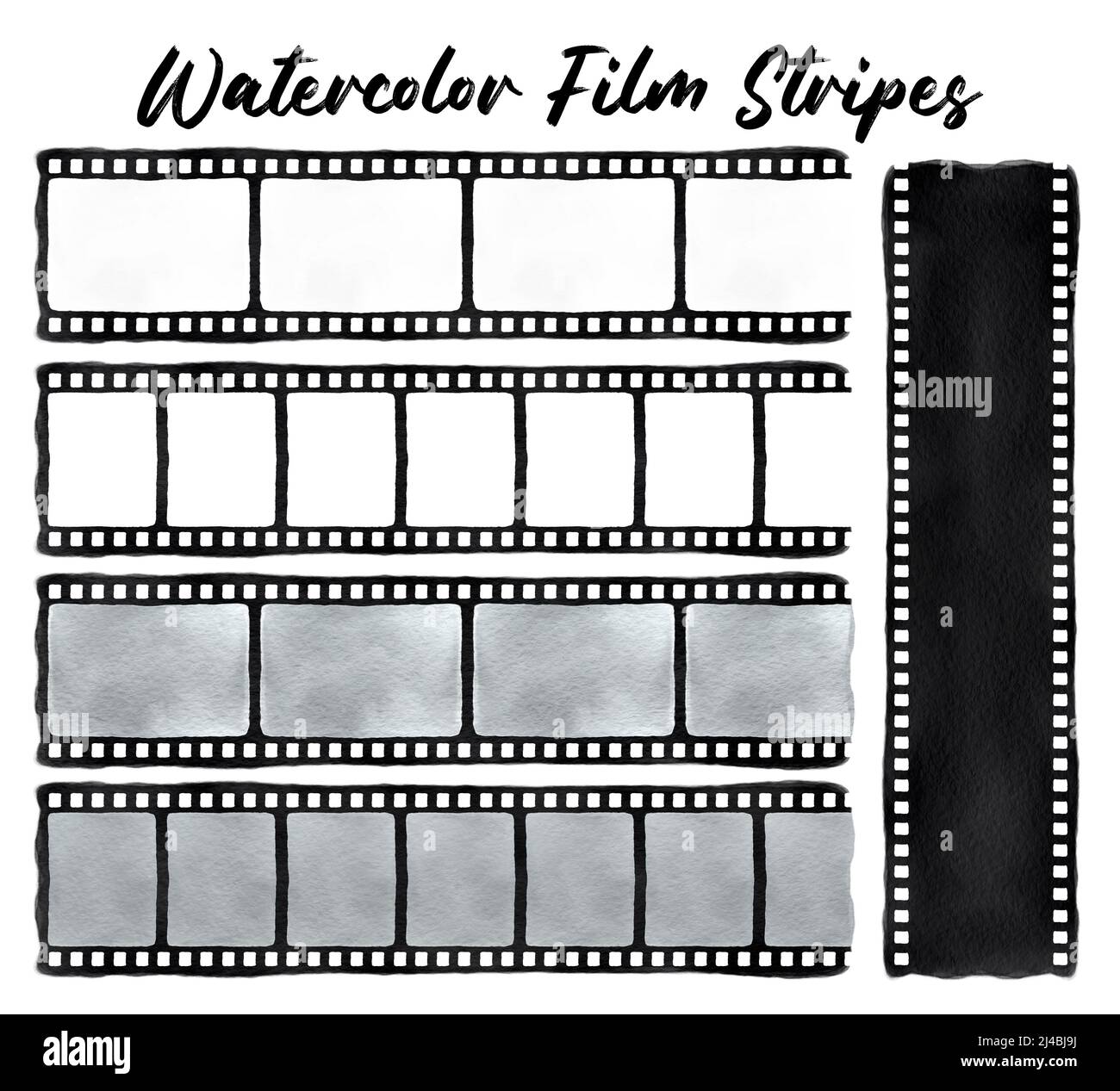 Strisce di pellicole acquerello. Cinema disegnato a mano posto isolato su sfondo bianco Foto Stock