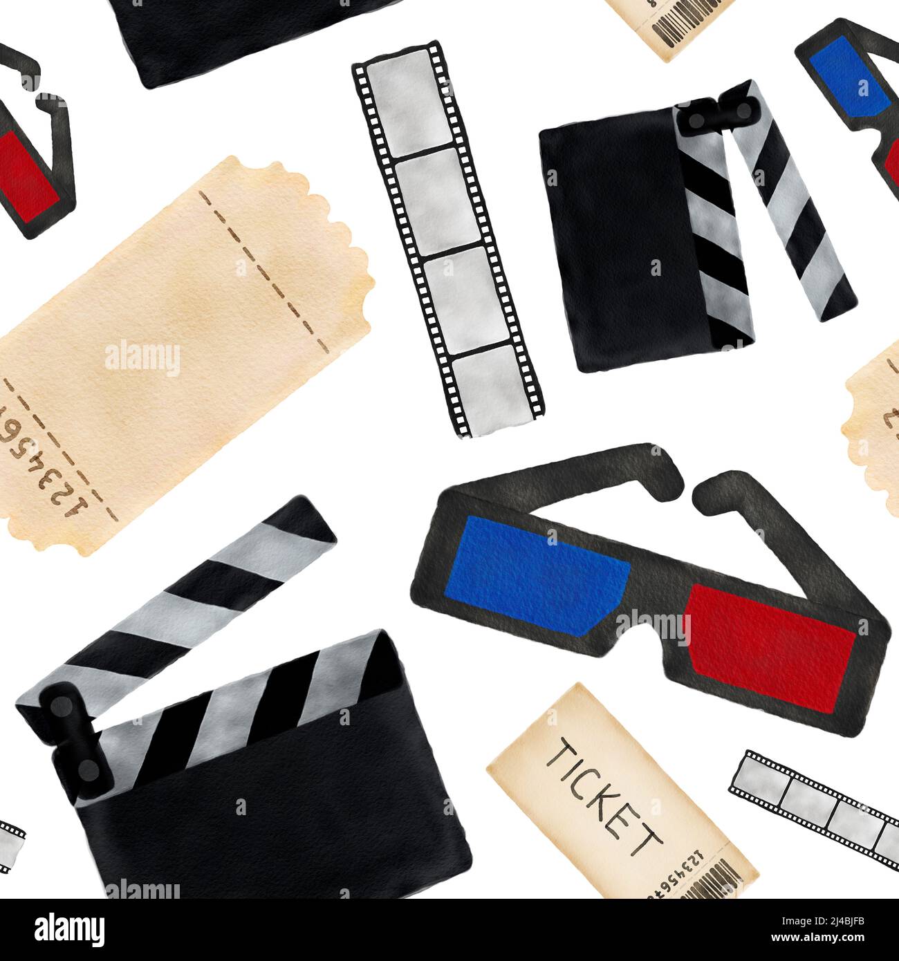 Motivi senza cuciture con elementi cinematografici acquerelli su sfondo bianco. Scheda clapper film, biglietti, vetro, nastro per film Foto Stock