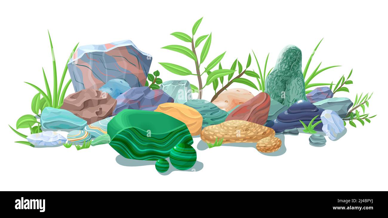 Cartoon colorato pietre naturali modello con gruppo di rocce di diverse forme e piante illustrazione vettoriale Illustrazione Vettoriale