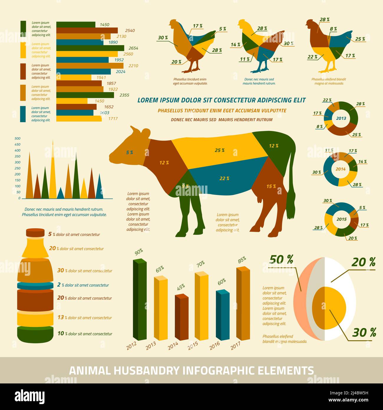 La zootecnia infographics piana elementi di design dei capi di bestiame e polli illustrazione vettoriale Illustrazione Vettoriale