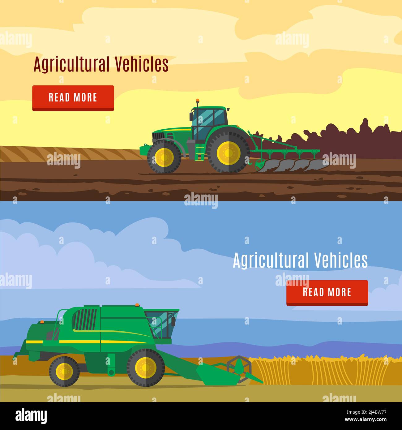 Striscioni piani per veicoli agricoli con campi e attrezzature agricole per illustrazione vettoriale isolata per aratura e raccolta Illustrazione Vettoriale