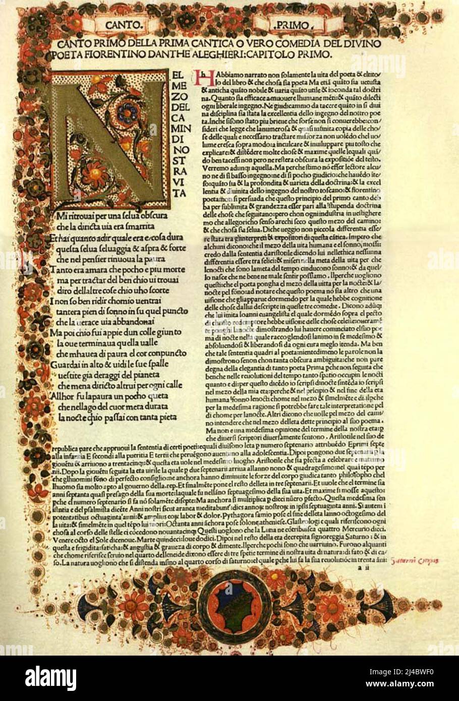 Una bella pagina anteriore illuminata della Divina Commedia di Dante Foto Stock