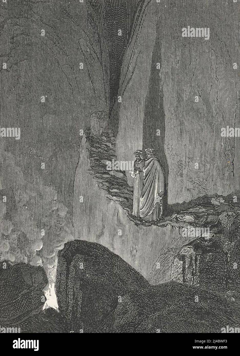 Dante e Virgilio osservano i falsi consiglieri, canto XXVI Foto Stock