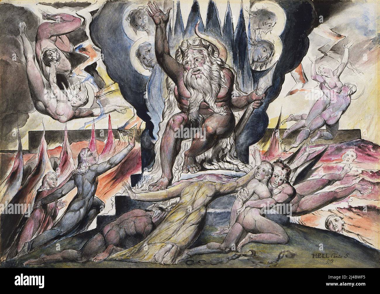 Minos raffigurato dall'artista britannico romantico William Blake come parte delle sue illustrazioni della Divina Commedia di Dante. Foto Stock