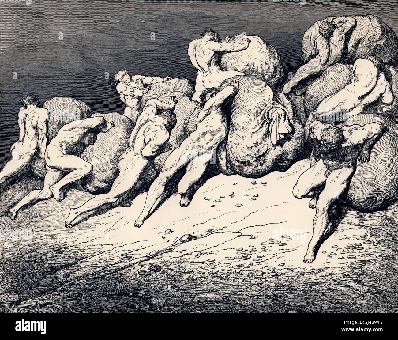 Nelle illustrazioni di Gustave Doré per il quarto cerchio, i pesi sono enormi borse di denaro Foto Stock