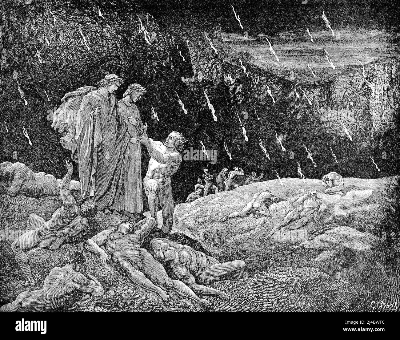 Brunetto Latini parla con Dante in canto XV, un'incisione di Gustave Doré Foto Stock