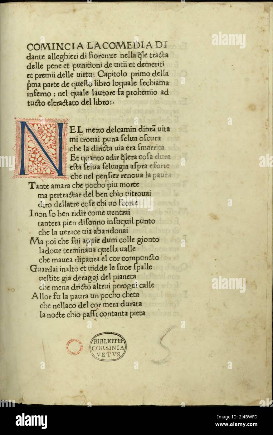 Titolo della prima edizione stampata della Divina Commedia (Divina Commedia, 1472) Foto Stock