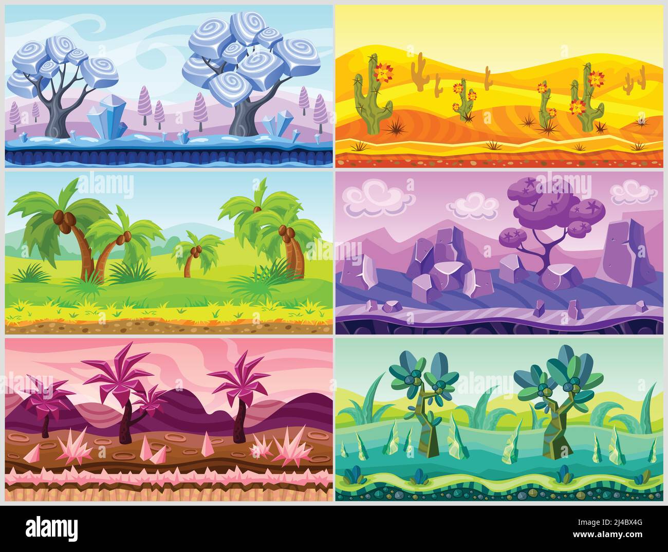 Collezione di paesaggi cartoni animati con alberi montagne cactuses fiori e piante per l'illustrazione vettoriale del disegno del gioco Illustrazione Vettoriale
