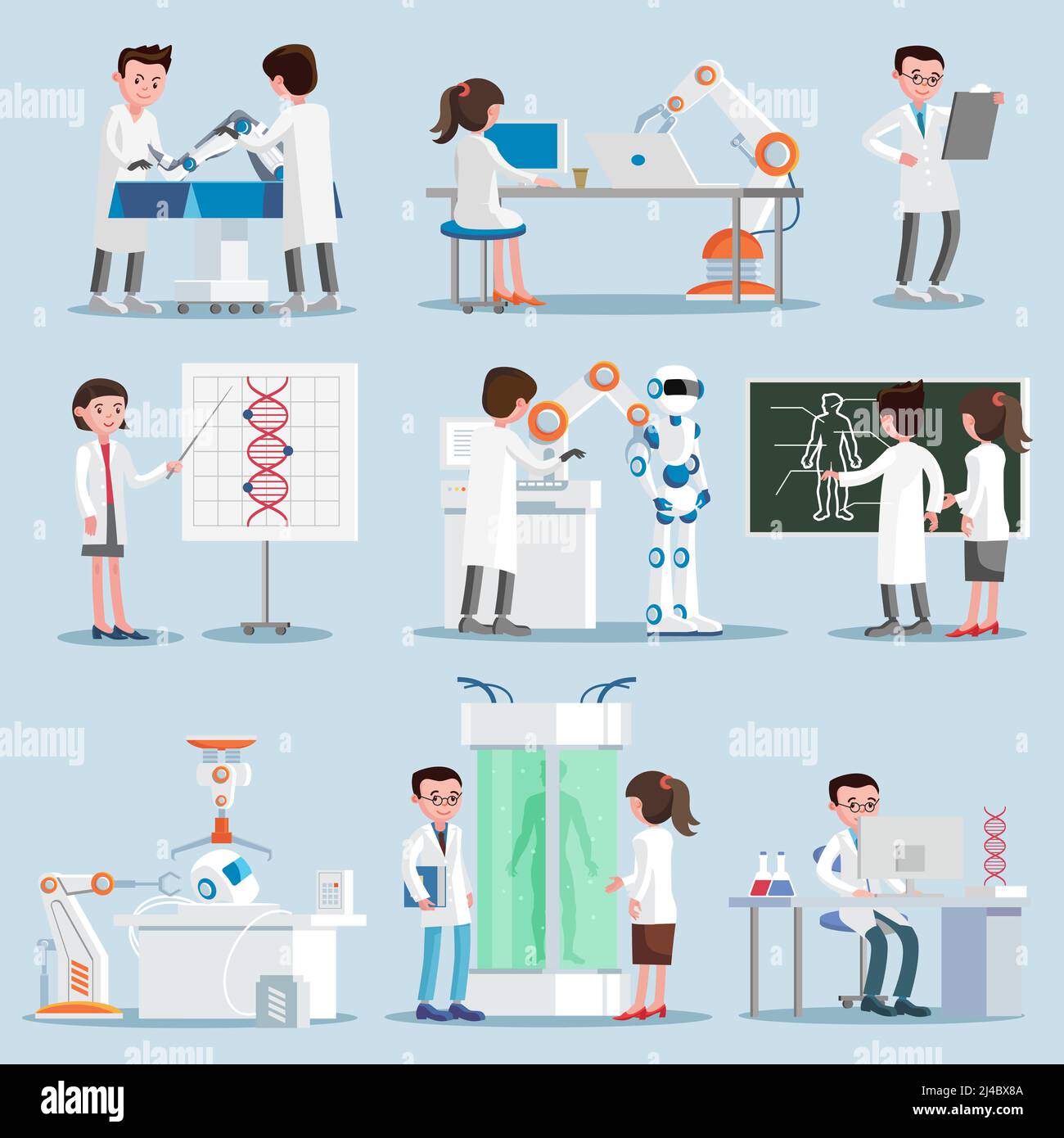 Elementi di intelligenza artificiale impostati con scienziati e invenzioni in robotica le industrie di ingegneria genetica cibernetica illustrazione vettoriale isolata Illustrazione Vettoriale