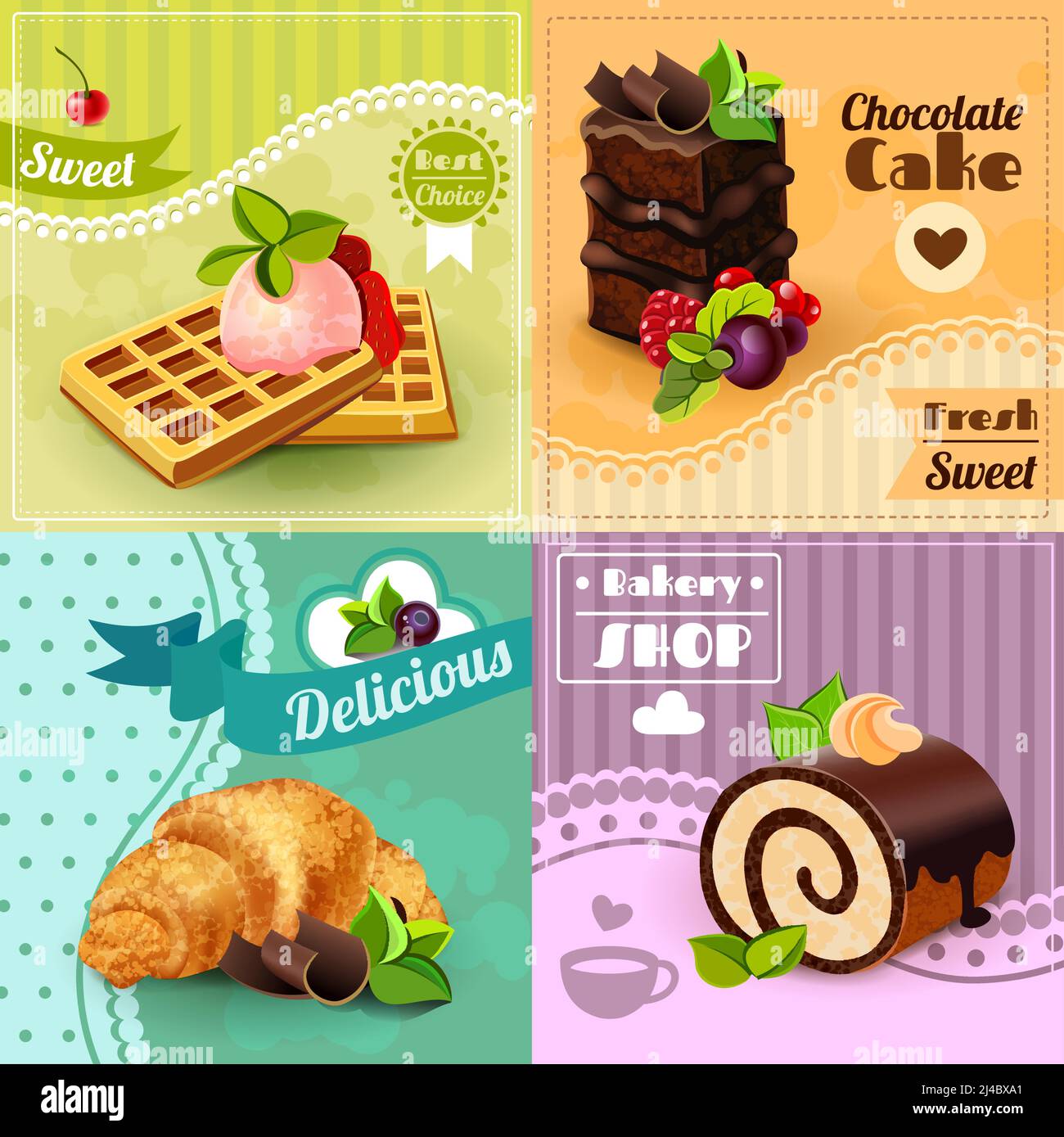 Set di concetto di design da forno con dolci cialde di cioccolato croissant icone illustrazione vettoriale isolata Illustrazione Vettoriale