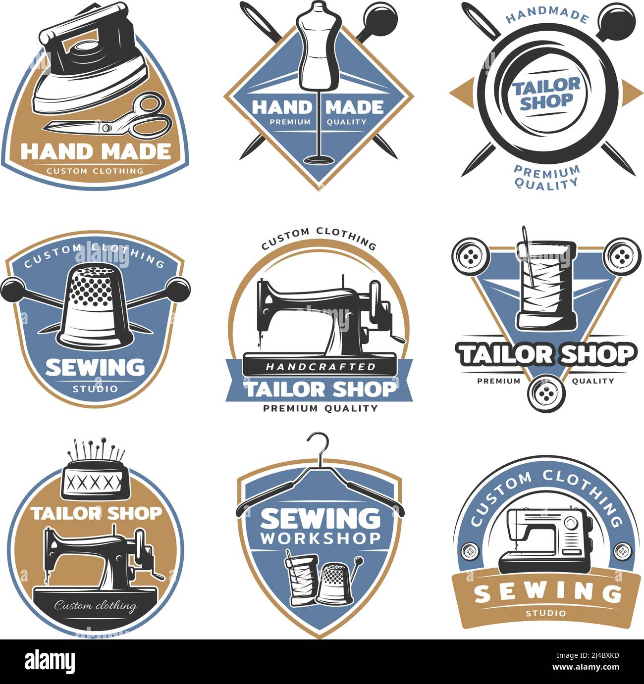 Set di etichette colorate per cucire con accessori e strumenti personalizzati in un'illustrazione vettoriale isolata in stile vintage Illustrazione Vettoriale