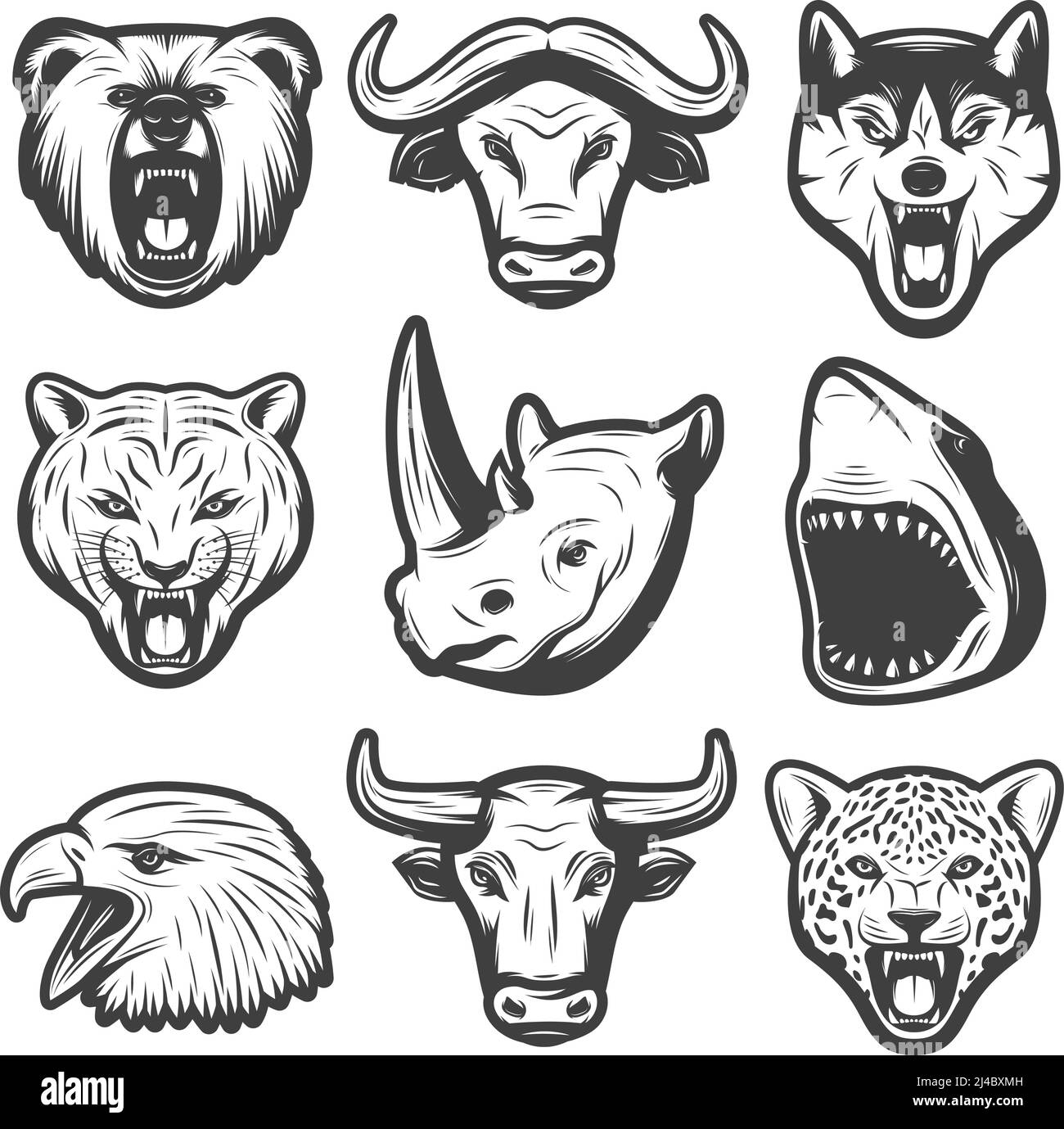 Animali selvatici d'epoca con rhino di pantera di lupo di bufalo shark aquila bull tigre teste isolato vettore illustrazione Illustrazione Vettoriale