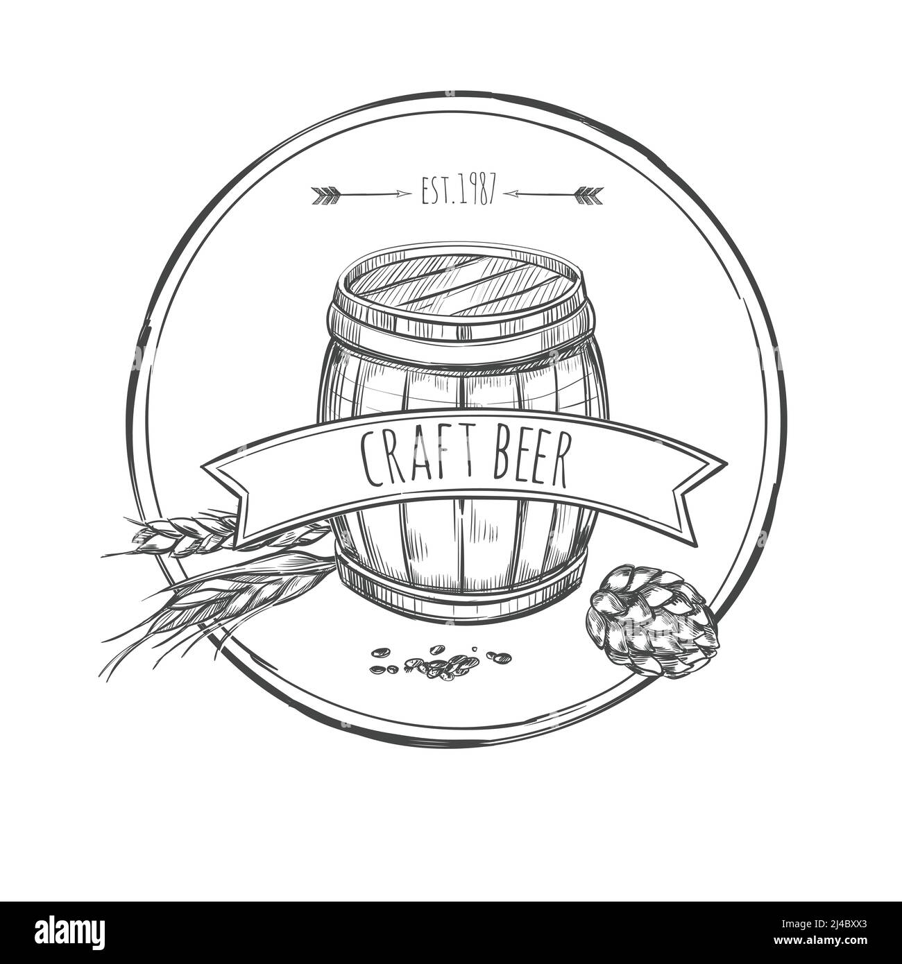 Craft beer sketch concept con barile in legno di grano hop cono e nastro su sfondo bianco immagine vettoriale isolata Illustrazione Vettoriale