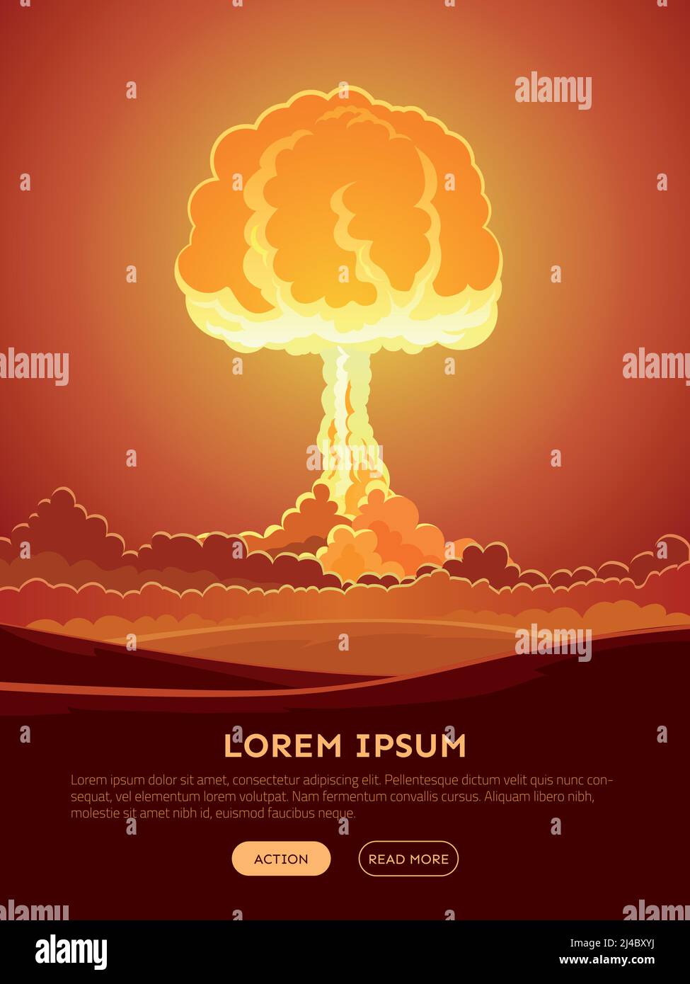 Manifesto luminoso di esplosione nucleare con luce nube di funghi e fumo effetto nell'illustrazione vettoriale in stile fumetto Illustrazione Vettoriale