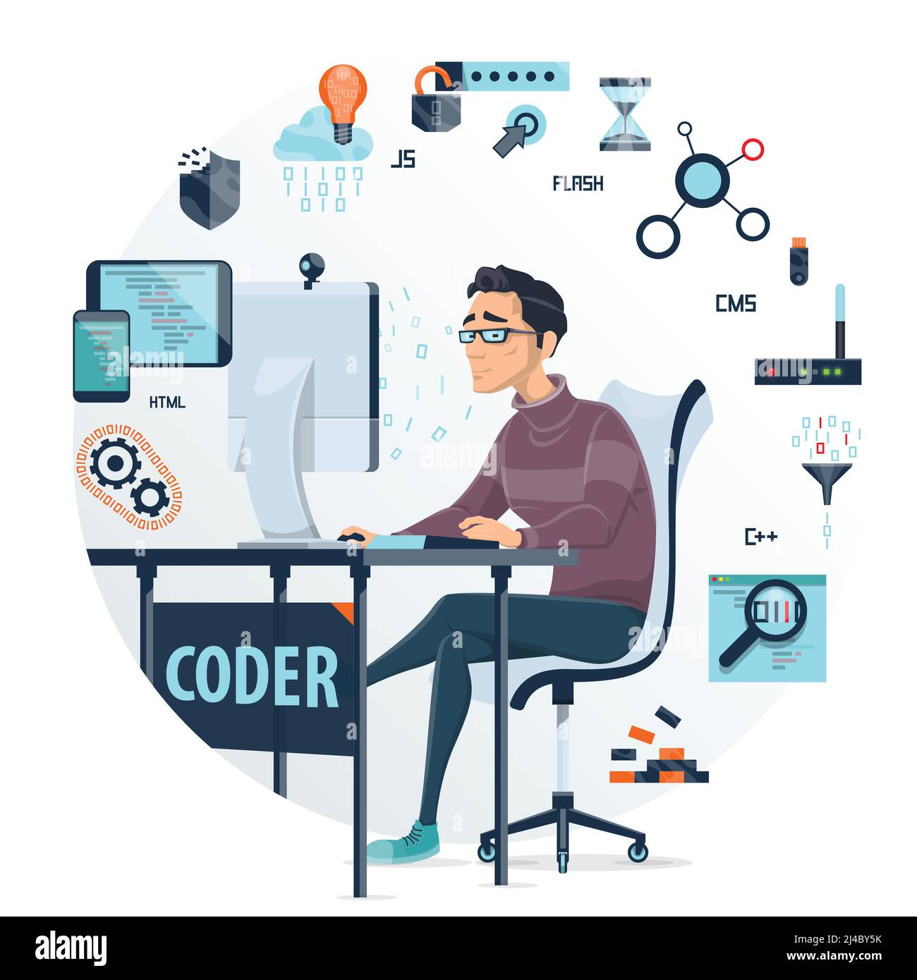 Codifica composizione rotonda con i dispositivi Web Elements linguaggi di programmazione e. programmatore di lavoro nell'illustrazione vettoriale isolata al centro Illustrazione Vettoriale