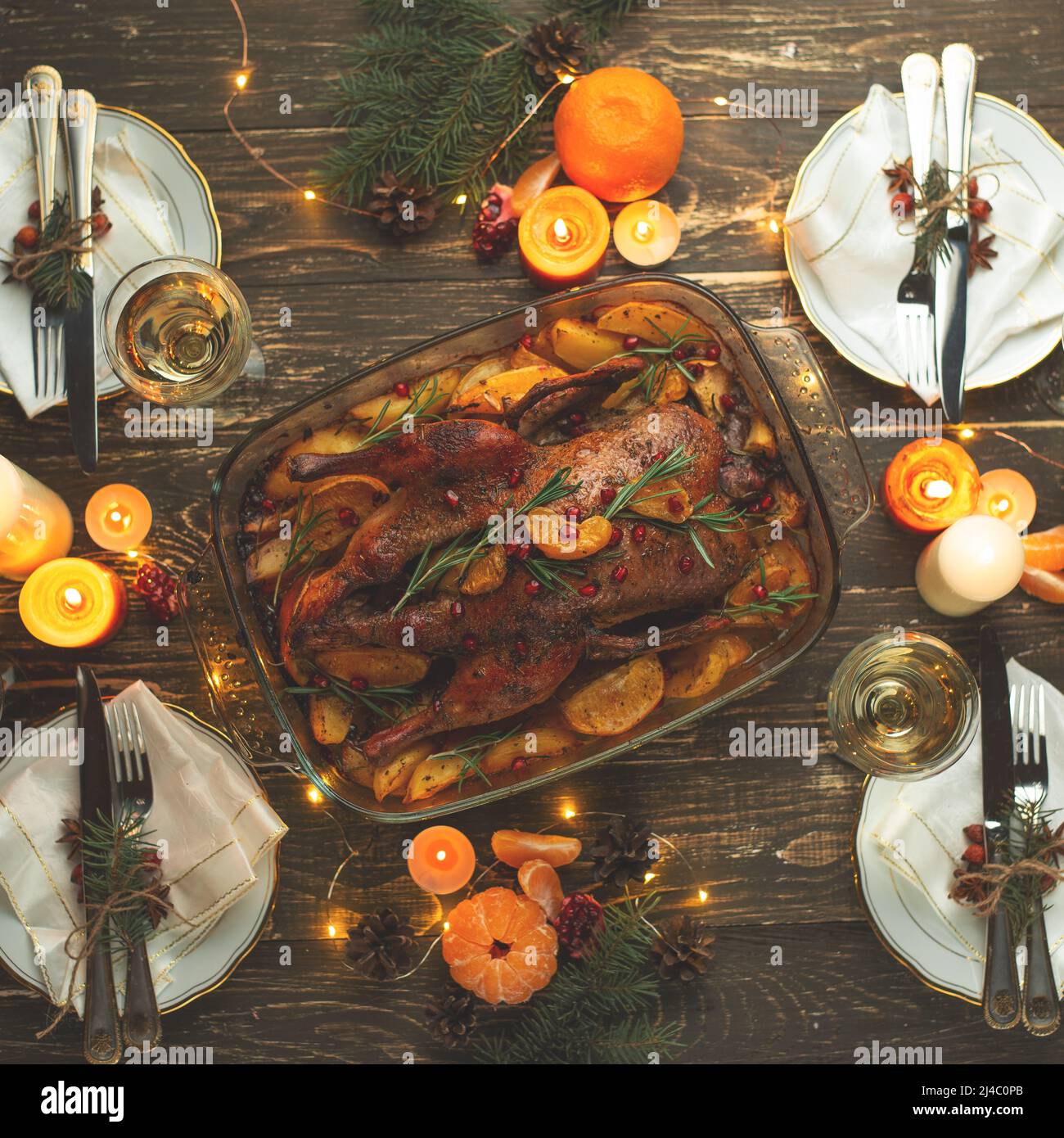 Cena di Natale di Capodanno concetto di gruppo Flat-Lay Foto Stock