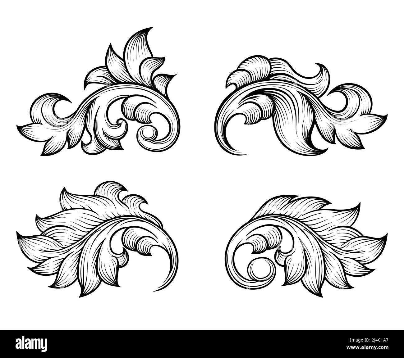 Foglia di chiocciola barocca d'epoca con elementi in stile incisione, decorazione ornata, filigrana floreale. Illustrazione vettoriale Illustrazione Vettoriale