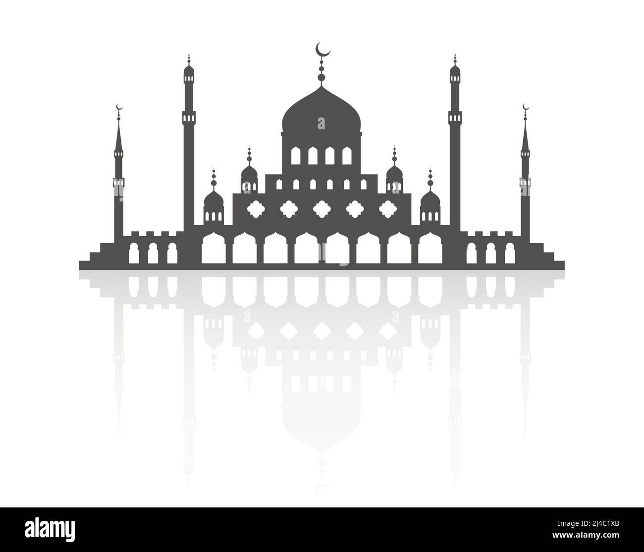 Moschea con minareti sullo skyline. Architettura islamica silhouette. Paesaggio urbano di Istanbul con riflessi isolati su sfondo bianco. Illustrazione Vettoriale