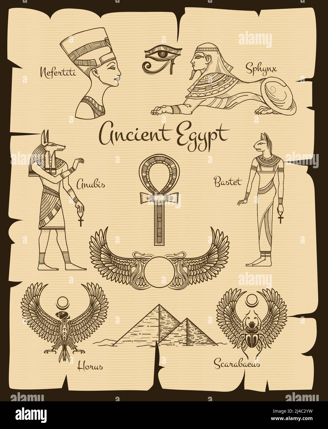 Antichi simboli egiziani. Sfinge e nefertiti, horus e scarabeo, religione tradizionale, illustrazione vettoriale Illustrazione Vettoriale