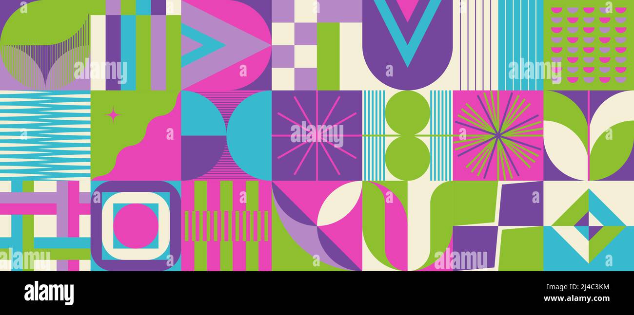 Grafica vettoriale neo-Geo ispirata al design estetico astratto modernista. Collage moderno geometrico per poster, copertina, arte, presentazione Illustrazione Vettoriale
