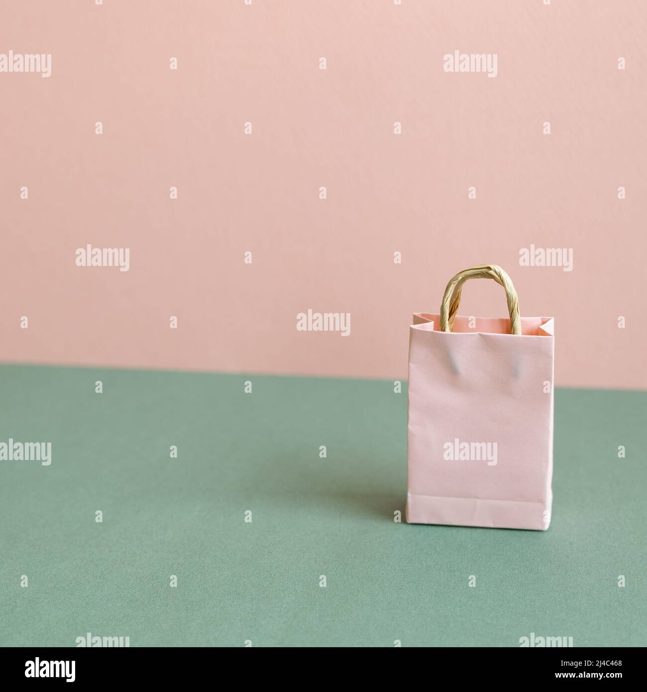 Borsa in carta su sfondo verde e rosa con spazio per la copia Foto Stock