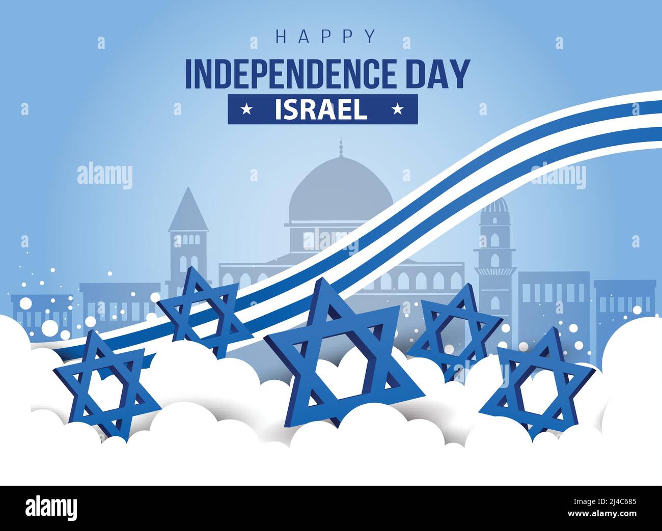 Buon giorno d'indipendenza Israele. Monumento israeliano e Landmark con sfondo , poster, scheda, banner. Disegno vettoriale Illustrazione Vettoriale