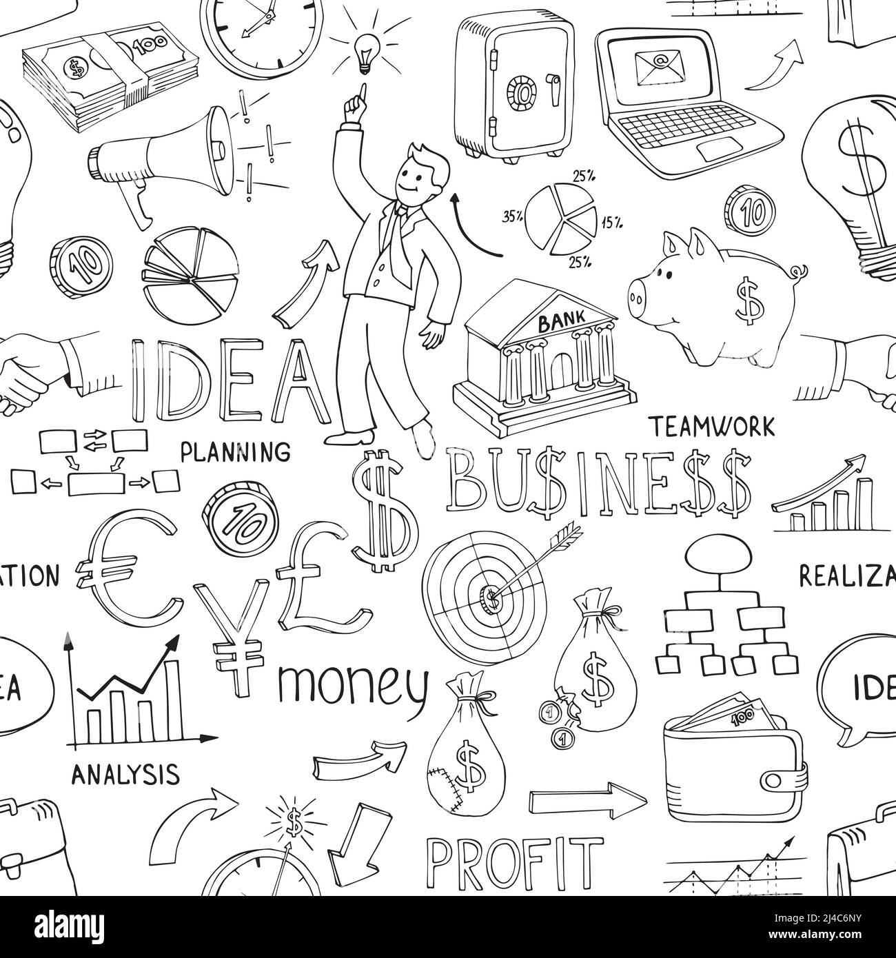 Bianco e nero doodles business modello senza soluzione di continuità con una varietà di icone che raffigurano le idee e la strategia di analisi di denaro sparse in modo casuale Illustrazione Vettoriale