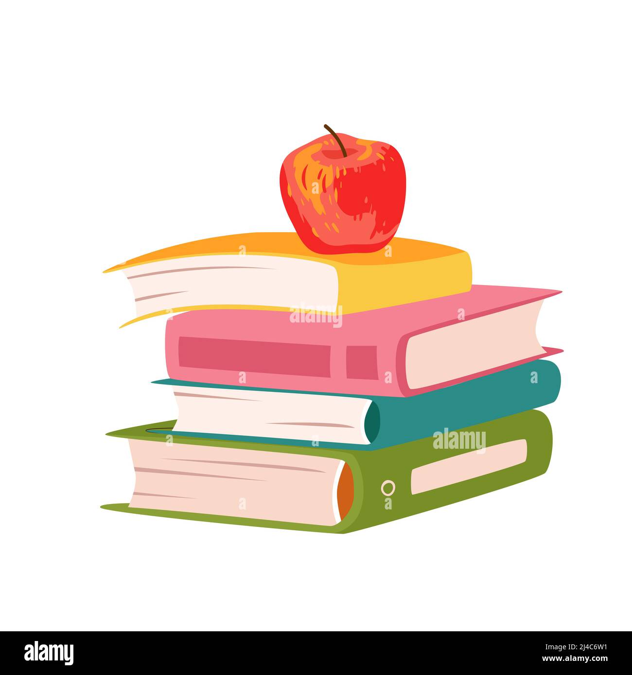 Pila di libri colorati e libri di testo dalla biblioteca universitaria, libreria e mela in cima Illustrazione Vettoriale