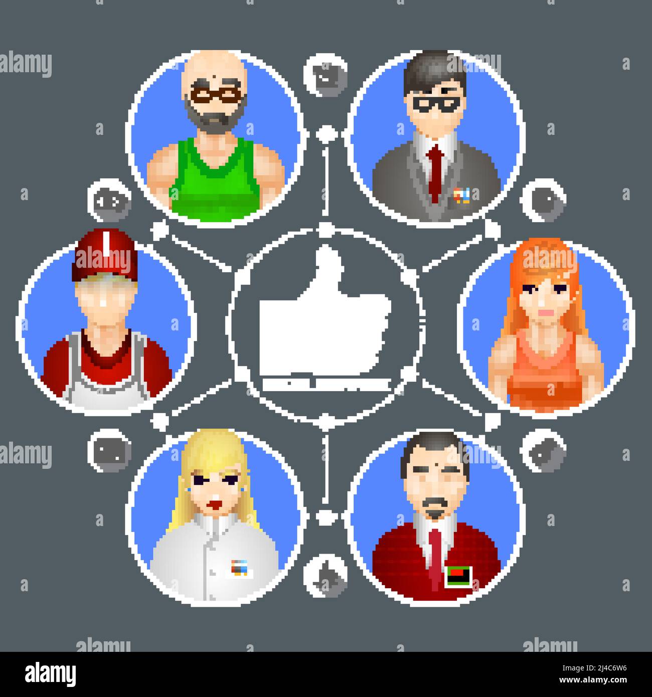 Illustrazione concettuale che mostra la diversità delle persone in un sociale rete con sei avatar di uomini e donne collegati intorno Un pollice centrale su come io Illustrazione Vettoriale