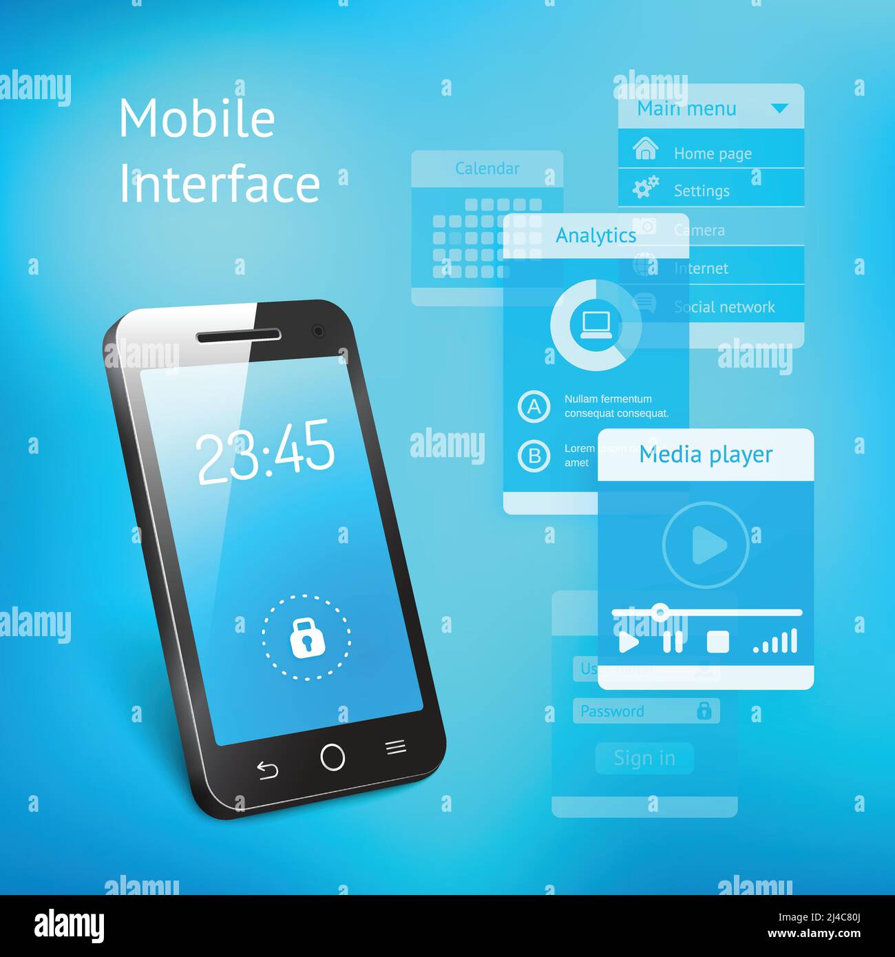 immagine vettoriale 3d di uno smartphone o di un telefono cellulare moderno con una schermata blu che mostra l'ora e un blocco simbolo con vari elementi per l'utente Illustrazione Vettoriale